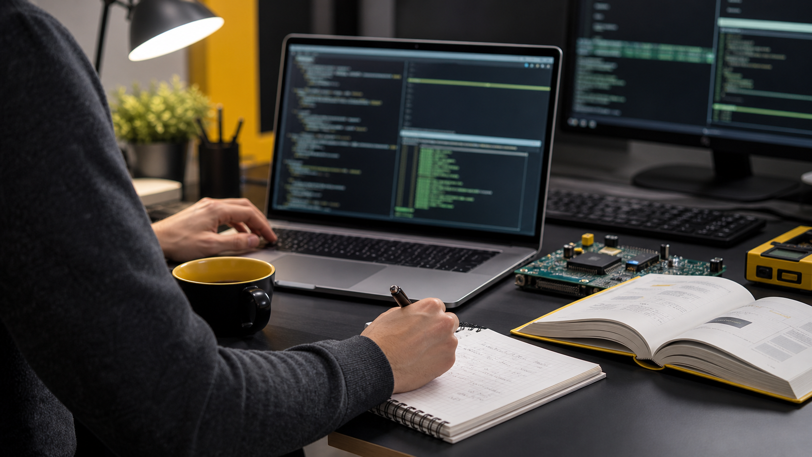 Illustrative editorial scene for code & developer life